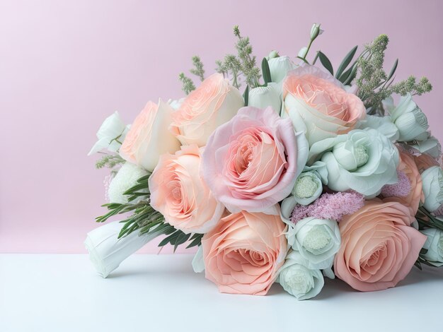 Bellissimo bouquet da sposa in colori pastello su sfondo pastello ai generativo