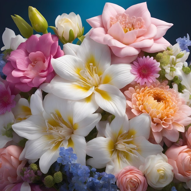 Bellissimo bouquet di diversi fiori su uno sfondo blu Closeup Generative AI