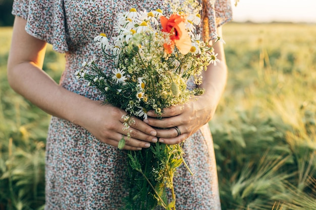 Bellissimo bouquet di fiori di campo nelle mani della donna da vicino nella luce del tramonto nel campo dell'orzo Elegante donna che si rilassa nella campagna estiva serale e raccoglie fiori Atmosfera tranquilla momento