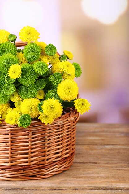 Bellissimo bouquet di fiori di crisantemi in cesto di vimini su sfondo chiaro