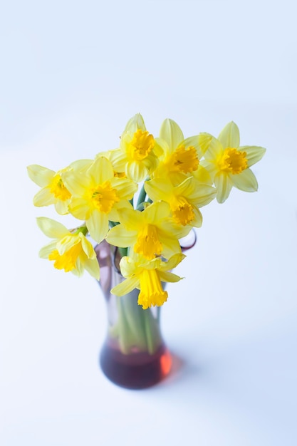 Bellissimo bouquet di fiori di narciso giallo primaverile in un vaso di vetro