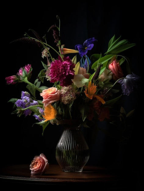Bellissimo bouquet di fiori diversi in vaso su sfondo nero composizione floreale IA generativa