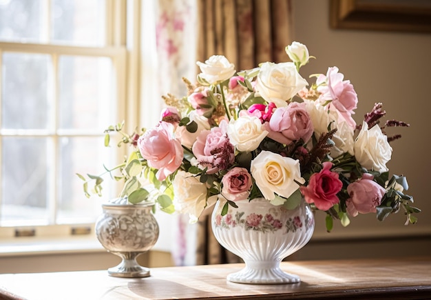 Bellissimo bouquet di fiori in un vaso sul davanzale della finestra