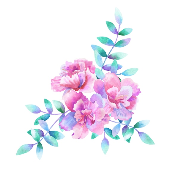 Bellissimo bouquet di fiori rosa viola e rami viola verdi. Illustrazione dell'acquerello disegnato a mano. Isolato.