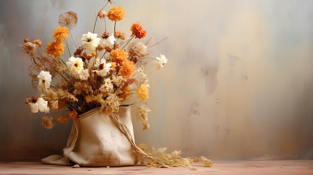 bellissimo bouquet di fiori selvatici sullo spazio del tavolo in legno per il testo