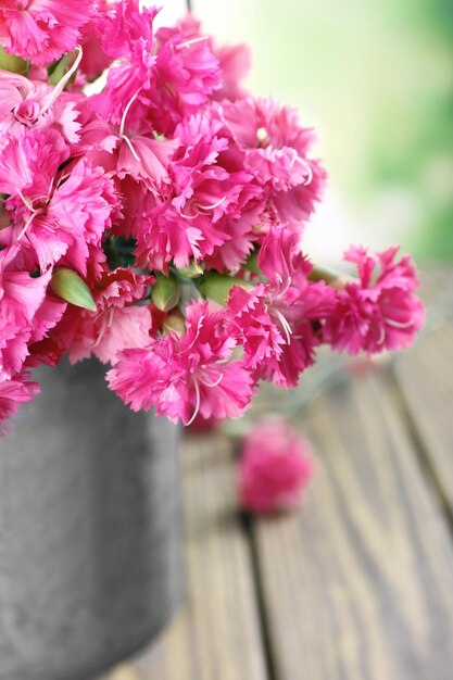 Bellissimo bouquet di garofano rosa in annaffiatoio su sfondo luminoso