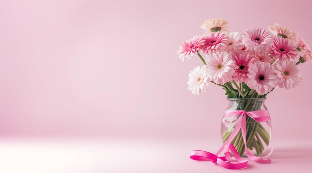 Bellissimo bouquet di gerberas rosa e bianche in vaso di vetro con nastro rosa