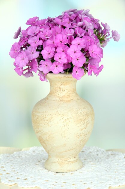 Bellissimo bouquet di phlox in vaso sul tavolo su sfondo chiaro