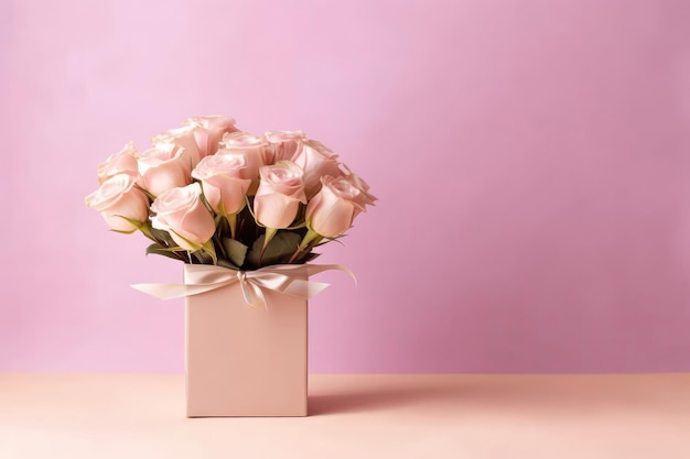 Bellissimo bouquet di rose in vaso con confezione regalo spazio vuoto su sfondo rosa pastello AI generativa