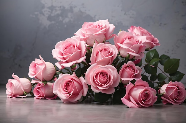 Bellissimo bouquet di rose rosa su sfondo di cemento