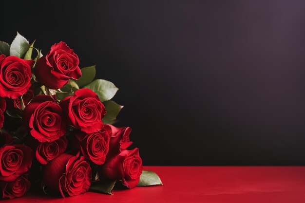 Bellissimo bouquet di rose rosse su sfondo scuro elegante romantico o di anniversario spazio di copia di design