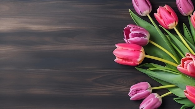 Bellissimo bouquet di tulipani posto su una lavagna di legno