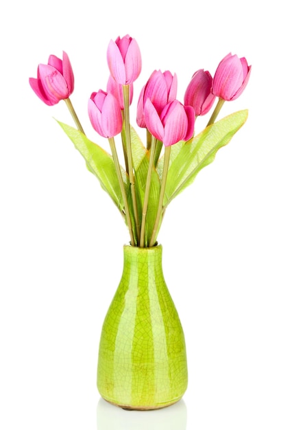 Bellissimo bouquet di tulipani rosa in vaso, isolato su bianco