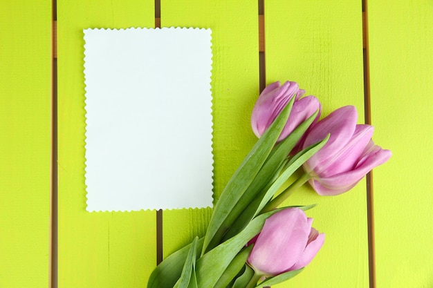 Bellissimo bouquet di tulipani viola e carta bianca su sfondo di legno verde