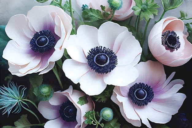 Bellissimo bouquet dipinto di anemoni rosa pallido