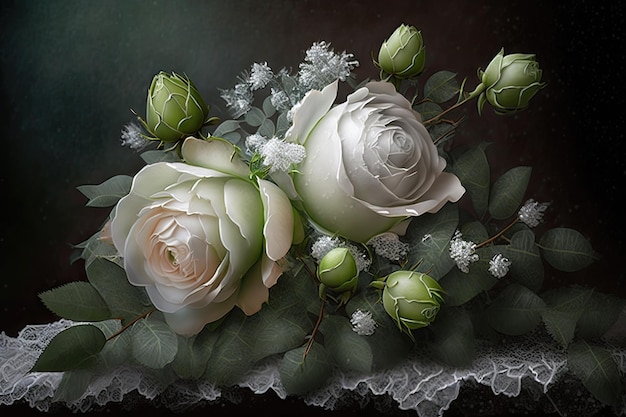 Bellissimo bouquet romantico di rose bianche con foglie verdi e rosa congelata creato con generative