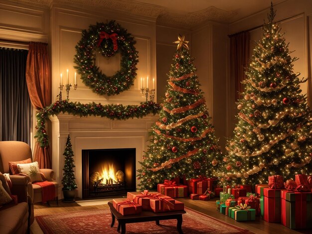 Bellissimo camino albero di Natale e altre decorazioni nel soggiorno di notte progettazione d'interni