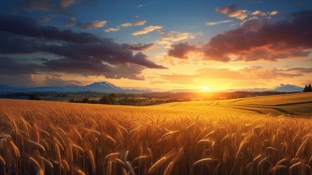 Bellissimo campo di grano all'alba vista della scena dorata Generare immagine AI