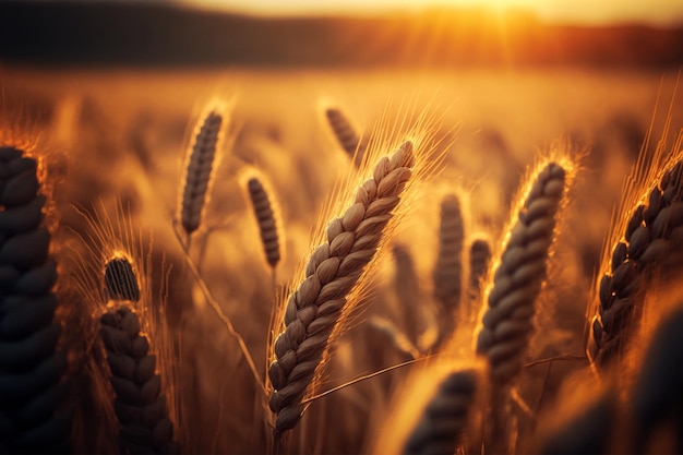 Bellissimo campo di grano nella luce del tramonto. Orecchie d'oro durante il formato banner macro raccolto. Autunno