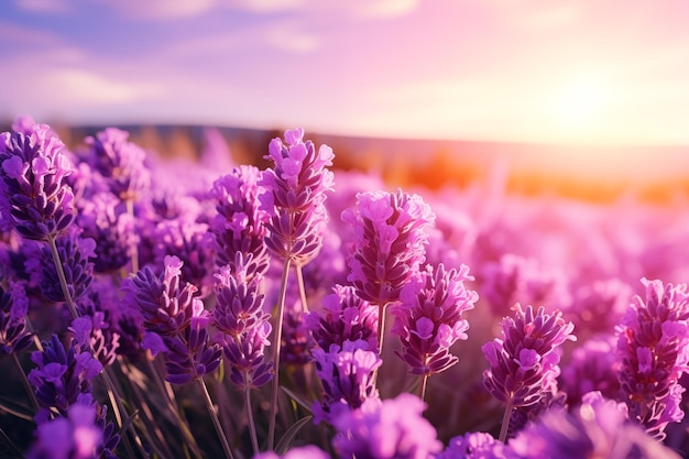 Bellissimo campo di lavanda al tramonto con spazio per le copie