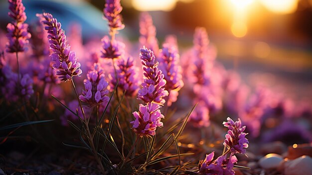 bellissimo campo di lavanda con fiori viola all'alba