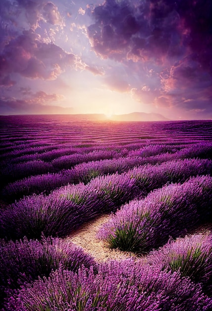 Bellissimo campo di lavanda in fiore illustrato in 3d