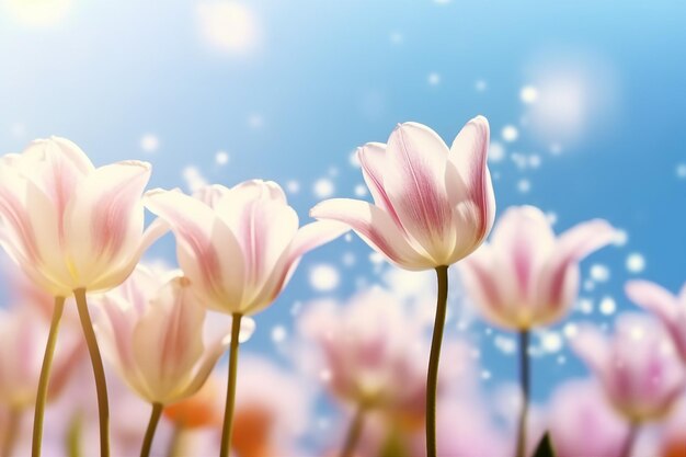 bellissimo campo di tulipani in fiore sul cielo blu astratto in primavera concetto floreale generativo ai