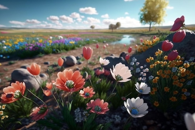 Bellissimo campo primaverile pieno di bei fiori mentre è una giornata di sole con il cielo blu sullo sfondo