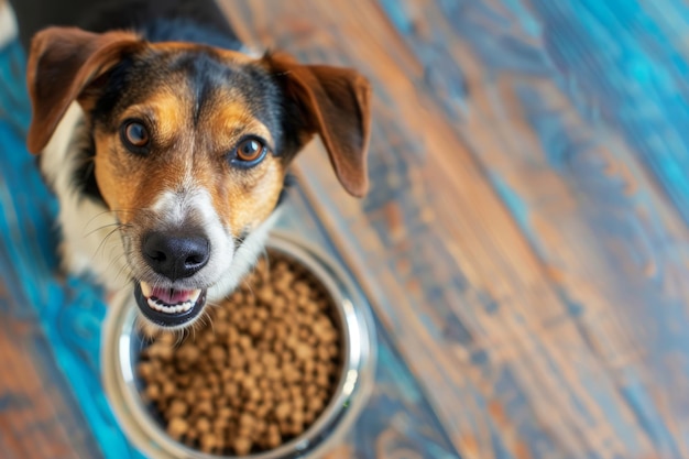 Bellissimo cane adorabile seduto accanto a una ciotola di cibo carino animale domestico IA generativa