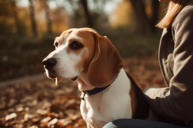 Bellissimo cane beagle nel parco autunnale Cane Beagle con proprietario AI Generato