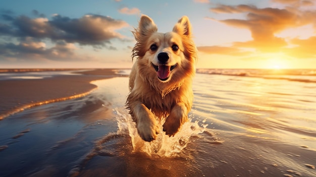 Bellissimo cane che corre sulle immagini della spiaggia del mare al tramonto Arte generata da AI