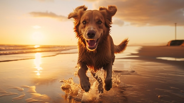 Bellissimo cane che corre sulle immagini della spiaggia del mare al tramonto Arte generata da AI