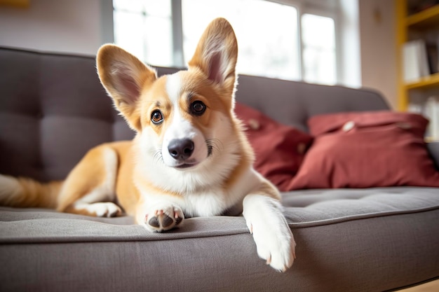 Bellissimo cane corgi di razza pura intelligente e calmo sdraiato sul divano in soggiorno AI generativa