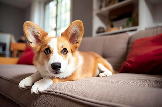 Bellissimo cane corgi di razza pura intelligente e calmo sdraiato sul divano nel soggiorno IA generativa