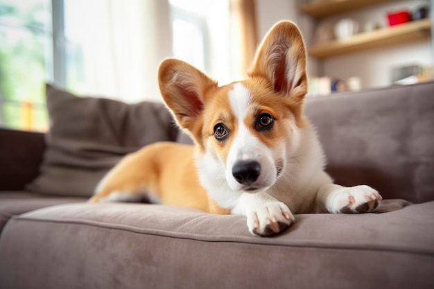 Bellissimo cane corgi di razza pura intelligente e calmo sdraiato sul divano nel soggiorno IA generativa