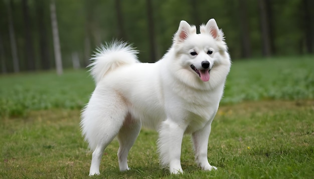 Bellissimo cane eschimo americano in piedi in un prato verde vicino alla foresta