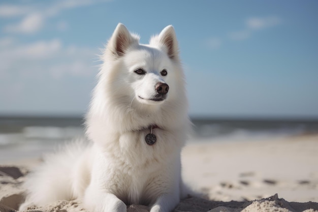 Bellissimo cane Samoiedo seduto sulla sabbia vicino al mare Bellissimo cane eschimese americano bianco seduto sulla spiaggia AI Generated