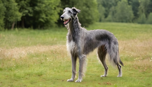 Bellissimo cane scozzese Deerhound, alleva cani, prato verde vicino alla foresta