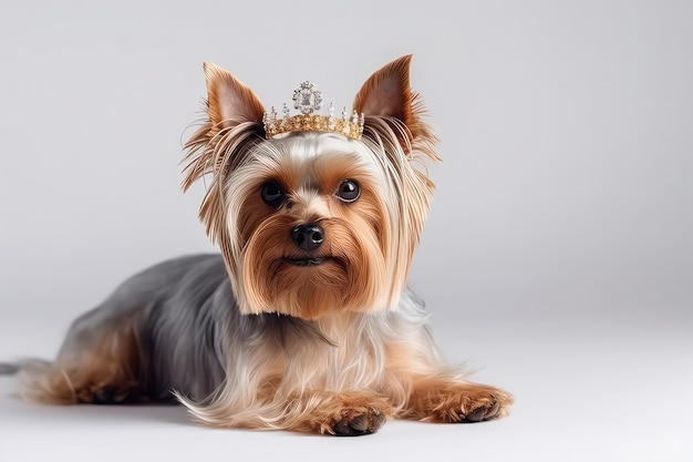 Bellissimo cane Yorkshire Terrier In corona d'oro su sfondo bianco IA generativa