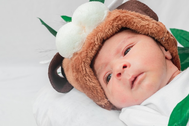 Bellissimo cappello da cucciolo neonato di 4 giorni con occhi aperti in cesto in fibra di bambù