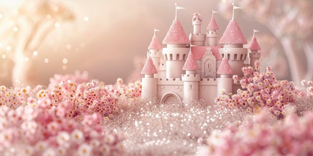 Bellissimo castello di principesse circondato da fiori in stile cartone animato 3D