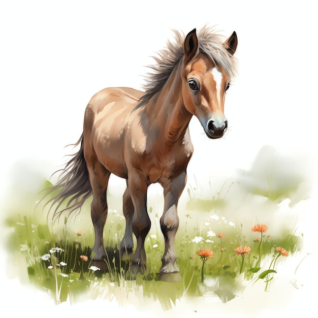 bellissimo cavallo al pascolo in un'illustrazione di clipart dell'acquerello del prato