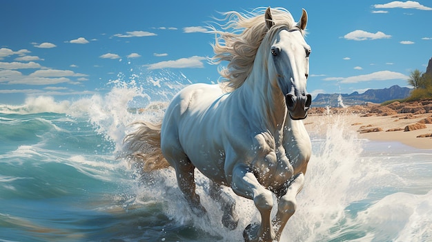 Bellissimo cavallo bianco che corre sulla spiaggia Stile artista