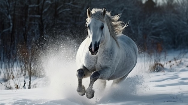 Bellissimo cavallo bianco che galoppa nella nevegenerativa ai