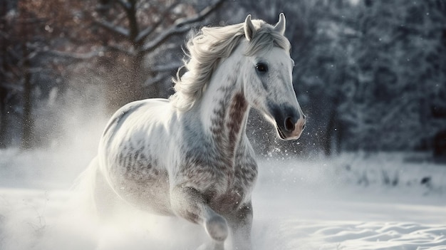 Bellissimo cavallo bianco che galoppa nella nevegenerativa ai
