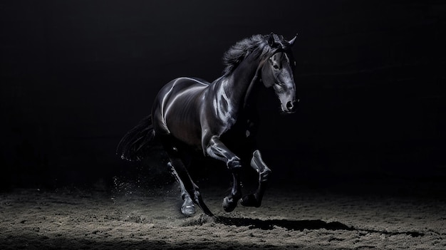 bellissimo cavallo nero al galoppo su uno sfondo scuro Generativo Ai