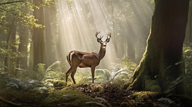 Bellissimo cervo dalla coda bianca in piedi nella foresta con raggi di sole