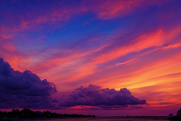 Bellissimo cielo e nuvole arancioni e viola al tramonto