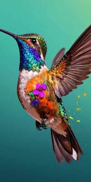 Bellissimo colibrì con piume colorate Colibrì su uno sfondo verde