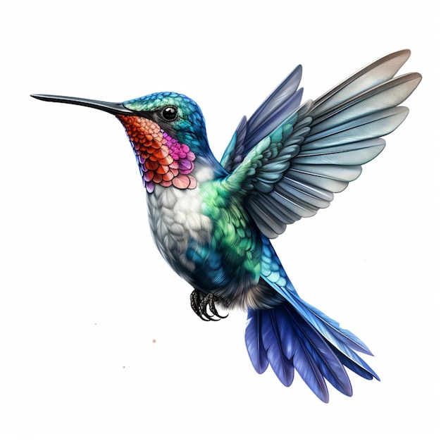 Bellissimo colibrì dal becco blu che vola isolato immagine di sfondo bianco Arte generata ai